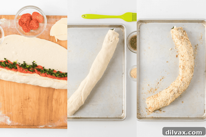 Second set of Spinach Pepperoni Bread process photos, showing rolling and layering.