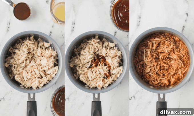 Process photos illustrating the assembly of BBQ Chicken Sliders, from filling buns to preparing for baking.