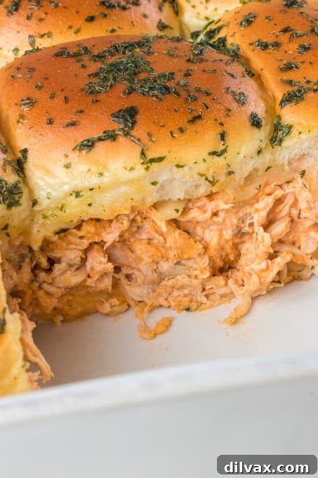 Fiery Buffalo Chicken Sliders 3 Close-up of a Buffalo Chicken Slider ready to be served.