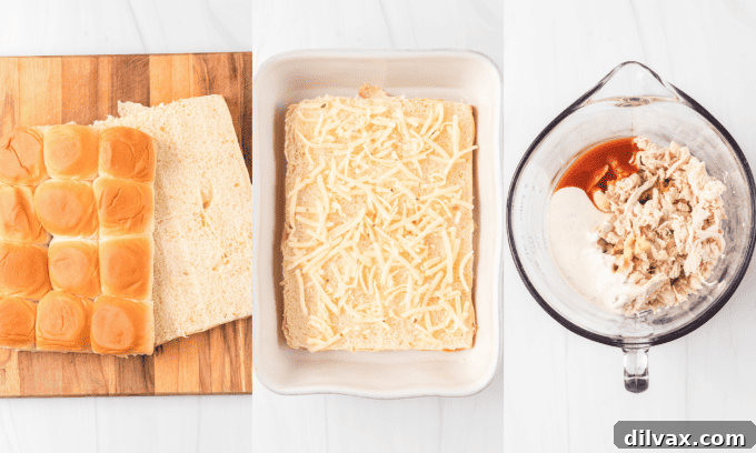 First set of process photos for Buffalo Chicken Sliders showing mixing and layering.