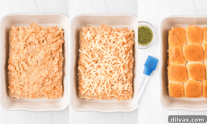 Second set of process photos for Buffalo Chicken Sliders showing butter topping.