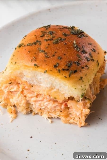 Fiery Buffalo Chicken Sliders 9 Buffalo Chicken Sliders with a focus on the creamy filling.