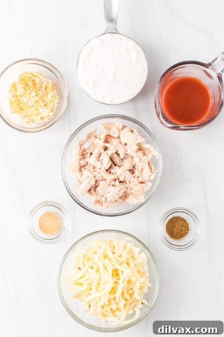 Protein-Packed Cottage Cheese Buffalo Chicken Dip 4 Assortment of fresh ingredients for Cottage Cheese Buffalo Chicken Dip.