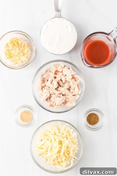 All the fresh ingredients laid out for making Cottage Cheese Buffalo Chicken Dip.