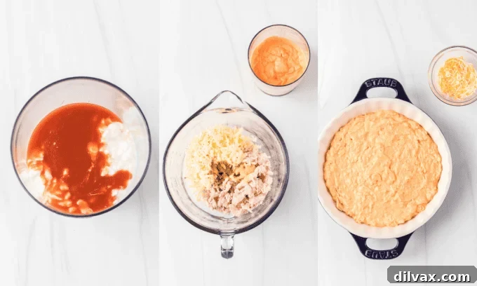 Step-by-step process photos of making Cottage Cheese Buffalo Chicken Dip.