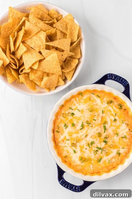 A hot and bubbly Cottage Cheese Buffalo Chicken Dip fresh out of the oven.