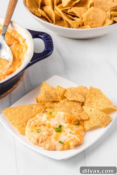 Protein-Packed Cottage Cheese Buffalo Chicken Dip 7 Chicken Buffalo Dip with a variety of chips and vegetables.