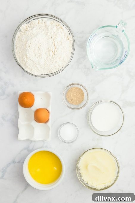 Warm and Fluffy Potato Bread 4 Ingredients laid out on a counter for making a loaf of bread made with mashed potatoes.