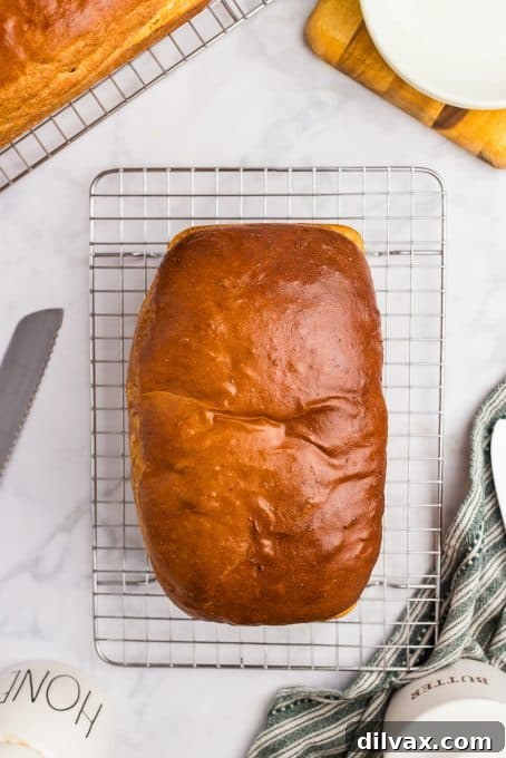Warm and Fluffy Potato Bread 7 An egg washed loaf of bread cooling on a wire rack after being baked.
