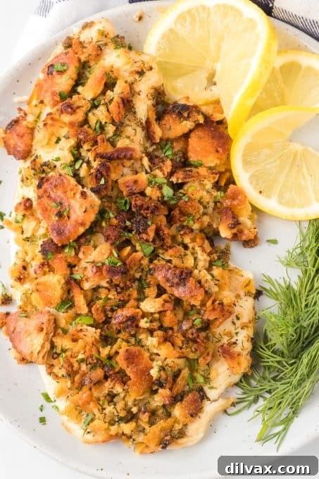 Tilapia cooked in the air fryer with a buttery cracker topping, plated.