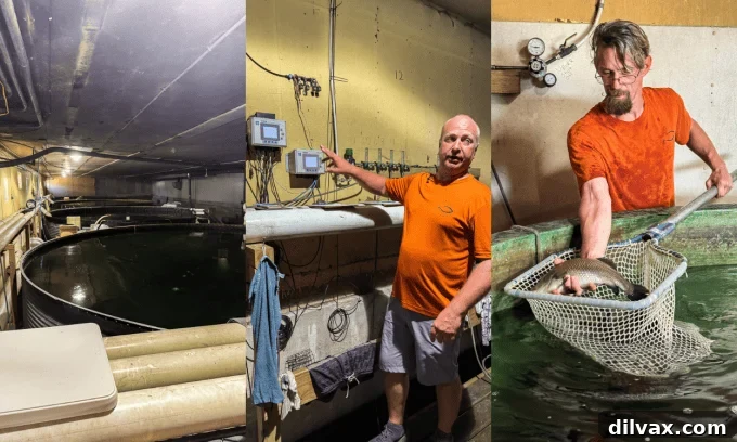 A Barramundi fish tank, demonstrating a water filtering system, and a Barramundi fish ready for market.