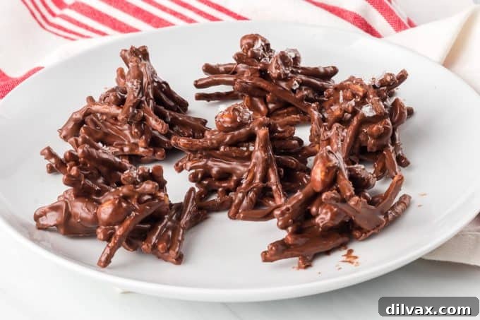 Golden Stacks 2 Delicious No-Bake Haystacks cookies on a white plate, ready to be served.