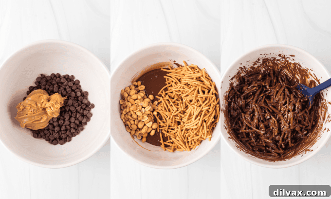 Golden Sentinels 5 A series of process photos showing the steps for making Haystack cookies, from melting ingredients to mixing.