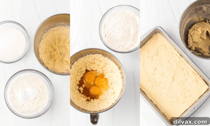 First steps of making Cherry Pie Bars, mixing dough and pressing into pan.