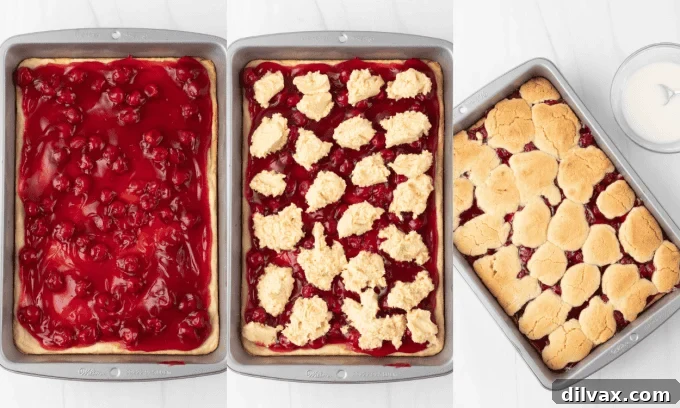 Second set of process photos for Cherry Pie Bars, showing topping and glazing