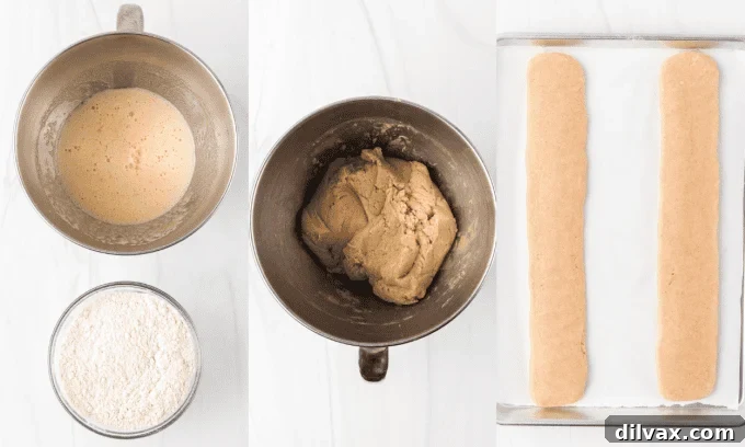 Step-by-step process photos of mixing and shaping Chai Biscotti dough.