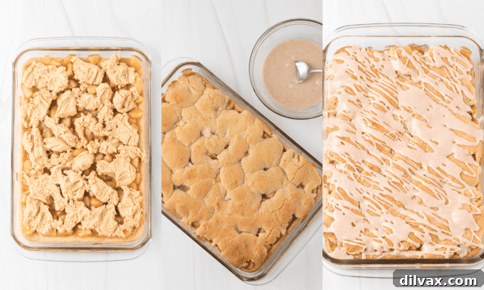 Apple Crumble Bars 8 Second set of process photos for Apple Pie Bars, showing assembly and glazing.