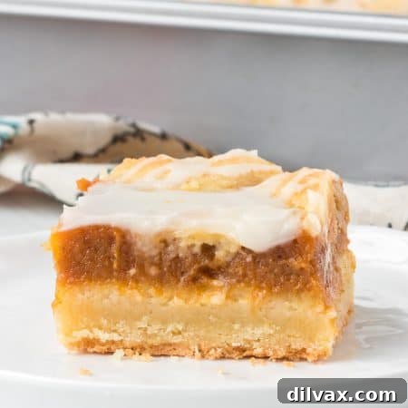 A creamy pumpkin filling in a pie bar, highlighting its smooth texture.