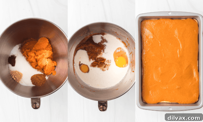 Spiced Pumpkin Squares 5 Visual steps for preparing the pumpkin pie filling.