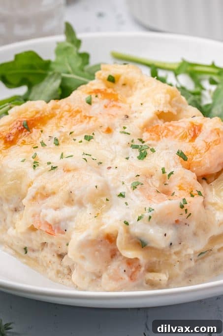 Oceanic Lasagna 3 Close-up shot of a baked Seafood Lasagna, revealing the golden-brown top and bubbling creamy bechamel sauce.