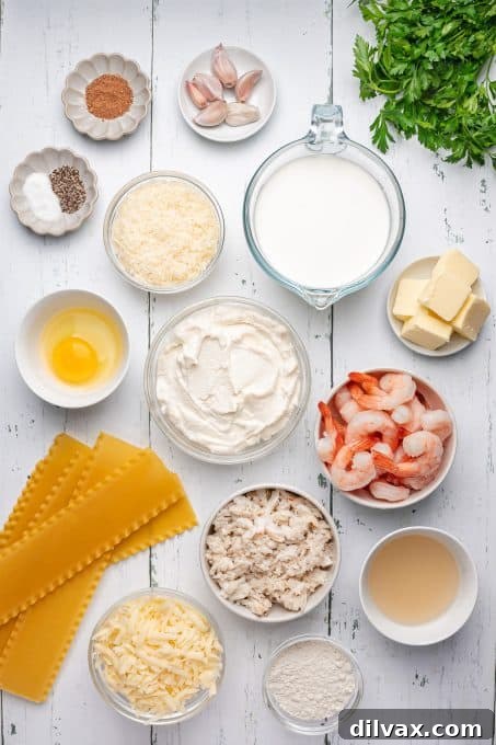 Oceanic Lasagna 4 A selection of fresh ingredients laid out for making Seafood Lasagna, including shrimp, crab, cheeses, and herbs.