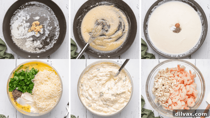 Oceanic Lasagna 5 Step-by-step process images showing the preparation of bechamel sauce and the ricotta cheese mixture for seafood lasagna.