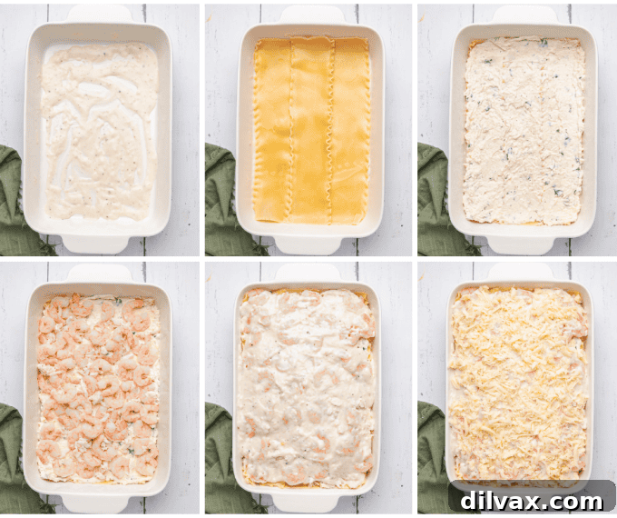 Oceanic Lasagna 6 Layering process for Seafood Lasagna, showing the noodles, ricotta, bechamel, and seafood mixture being assembled in a baking dish.