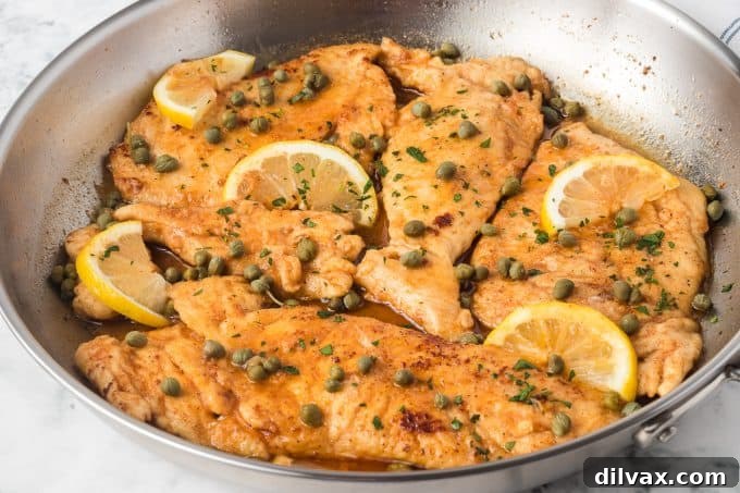 Classic Chicken Piccata served with lemon slices and capers.