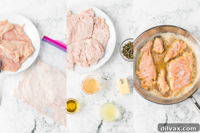 Step-by-step photos showing chicken being pounded, floured, and pan-fried for Piccata.