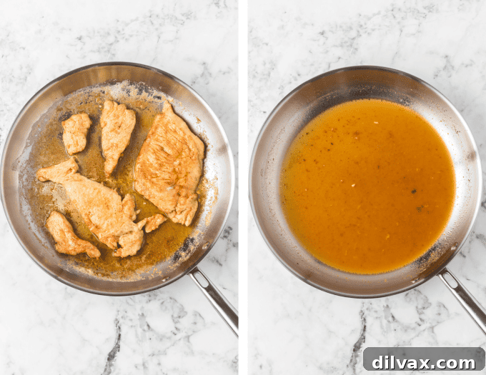 Second set of process photos for Chicken Piccata, showing sauce preparation and plating.