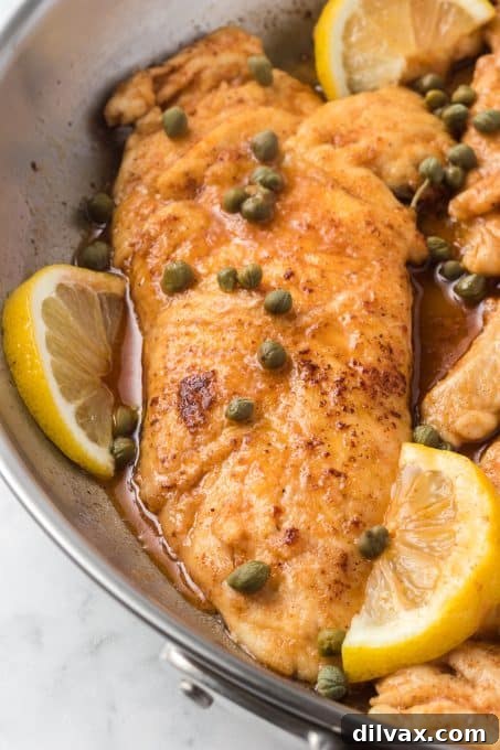Delicious capers and lemon sauce drizzled over tender chicken breasts.