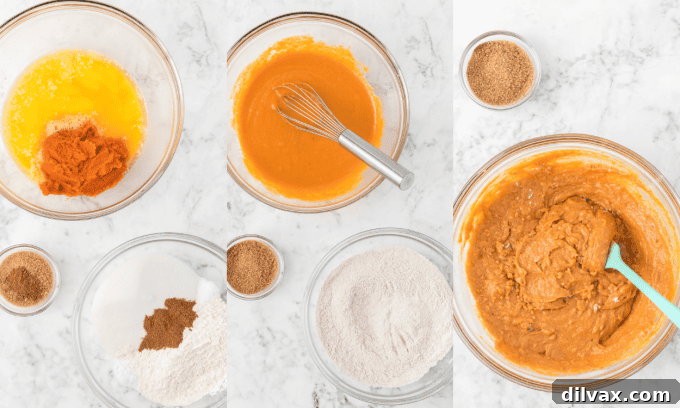 Deliciously Spiced Pumpkin Bread 5 Step-by-step process photos showing how to make pumpkin bread batter.