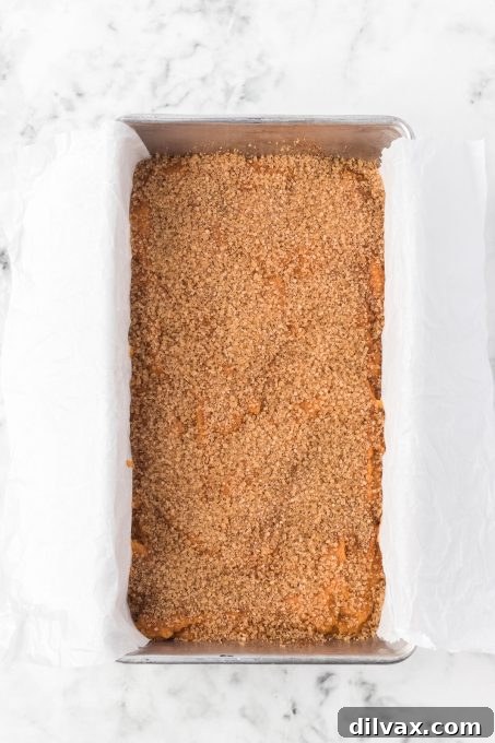 Deliciously Spiced Pumpkin Bread 6 Close-up of pumpkin quick bread with cinnamon sugar topping before baking.