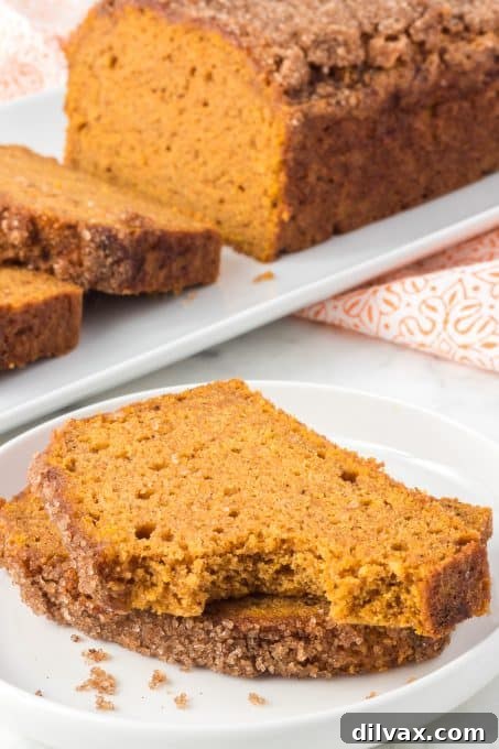 Deliciously Spiced Pumpkin Bread 10 A bite taken out of a slice of pumpkin quick bread, showing its moist interior.