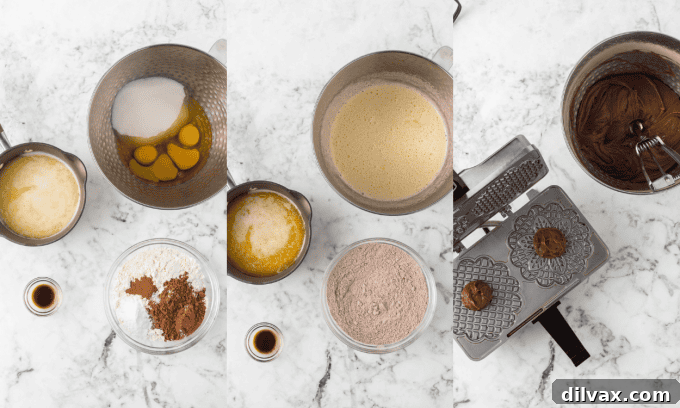 Sequential photos showing the process of mixing ingredients and baking chocolate pizzelles.