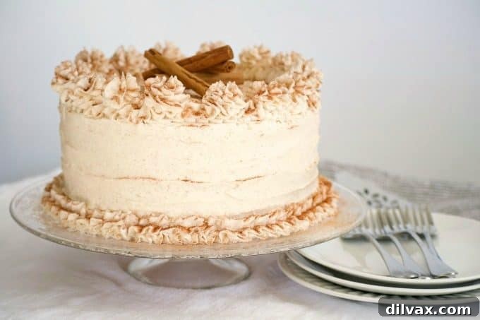 This Cinnamon Roll Layer Cake is a three layer cake with each layer covered in a cinnamon glaze and completely frosted with a incredible cinnamon frosting. A great recipe in Lindsay Conchar's (founder of the blog Life, Love and Sugar) new cookbook, Simply Beautiful Homemade Cakes: Extraordinary Recipes and Easy Decorating Techniques.