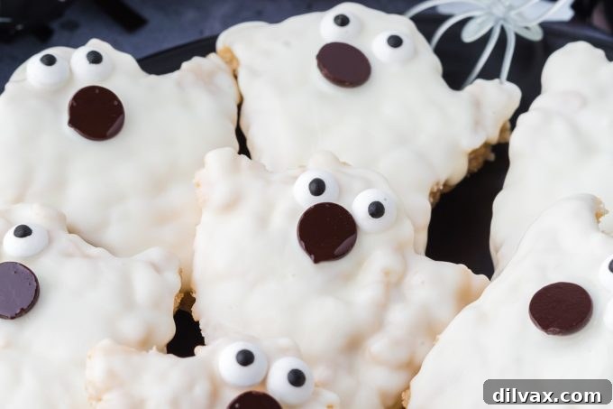 Delicious and festive Halloween Ghosts made from Rice Krispie Treats