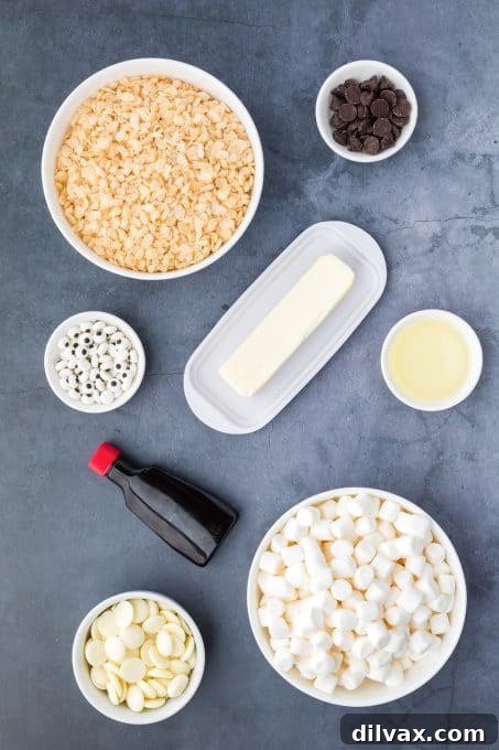 Ingredients laid out for making Halloween Ghosts Rice Krispie Treats