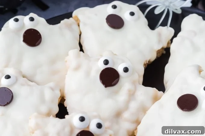 A plate of finished Rice Krispie Ghosts, ready to be enjoyed