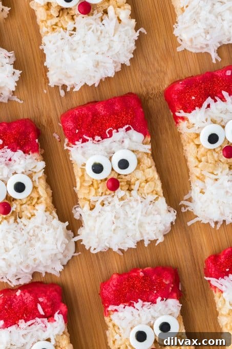 Close-up of Santa Rice Krispie Treats with festive decorations