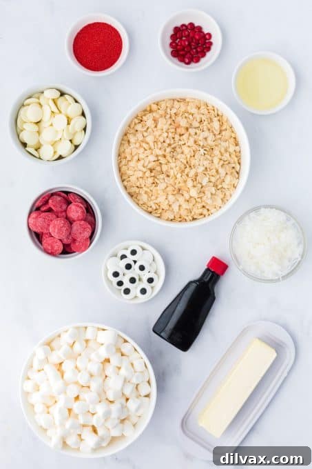 A selection of ingredients for Santa Rice Krispie Treats laid out
