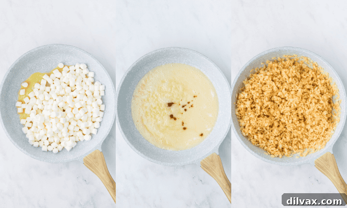 Festive Santa Krispie Delights 5 First set of process photos for Santa Rice Krispie Treats, showing melting marshmallows and mixing cereal.