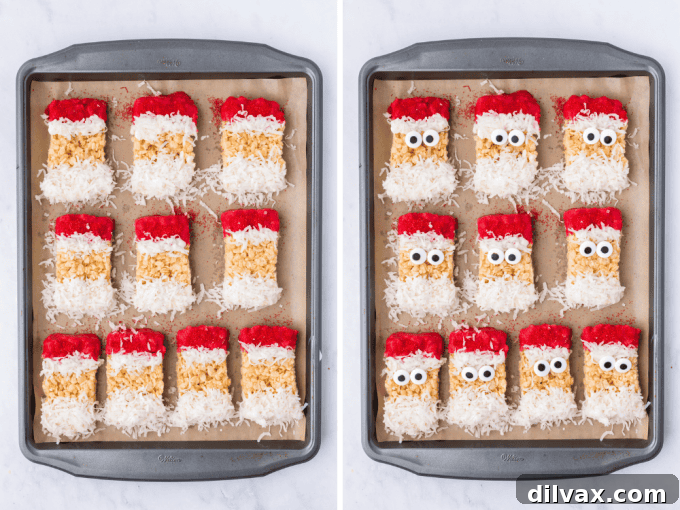 Festive Santa Krispie Delights 7 Decorating process for Santa Rice Krispie Treats, adding eyes and nose.