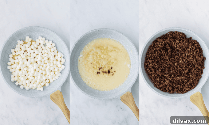 Process photos for making Reindeer Treats, showing butter melting, marshmallows being added, and cereal being mixed in.