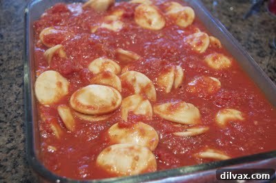Baked Ravioli Bliss and a Shopping Spree 5 Ravioli and sauce poured into a baking dish