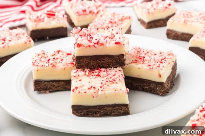 Decadent Peppermint Bark Fudge 2 Delicious Peppermint Bark Fudge squares on a festive plate, ready for the holidays.