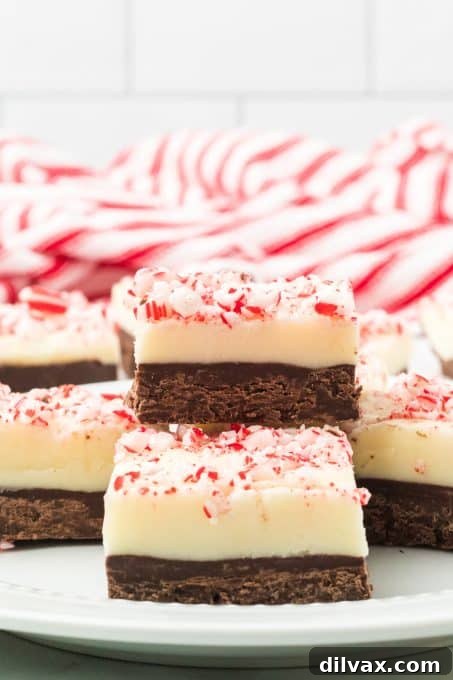 Decadent Peppermint Bark Fudge 10 Festive candy cane fudge squares arranged on a serving plate.