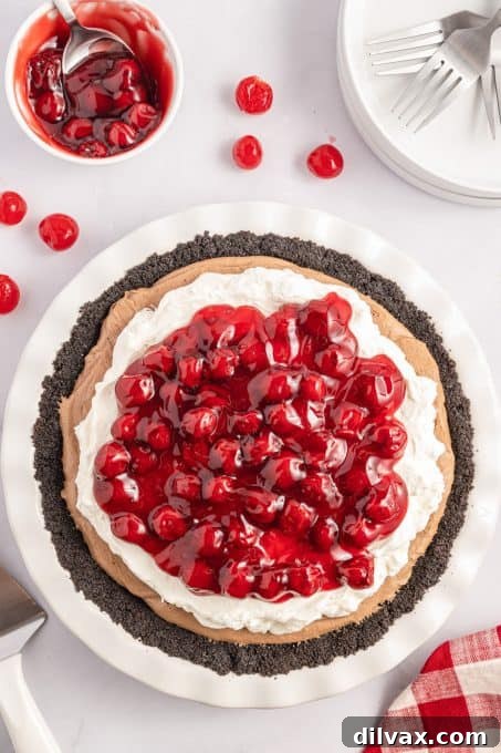 Decadent Cherry Chocolate Torte 6 A slice of No Bake Black Forest Pie being served