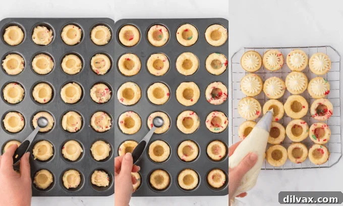Yuletide Cookie Delights 6 Process of forming Christmas Cookie Cups in a mini muffin tin and the cookies baking in the oven.