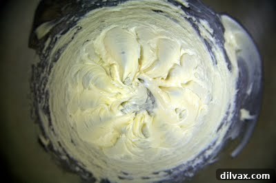Creamed butter in a mixing bowl, light and fluffy texture.